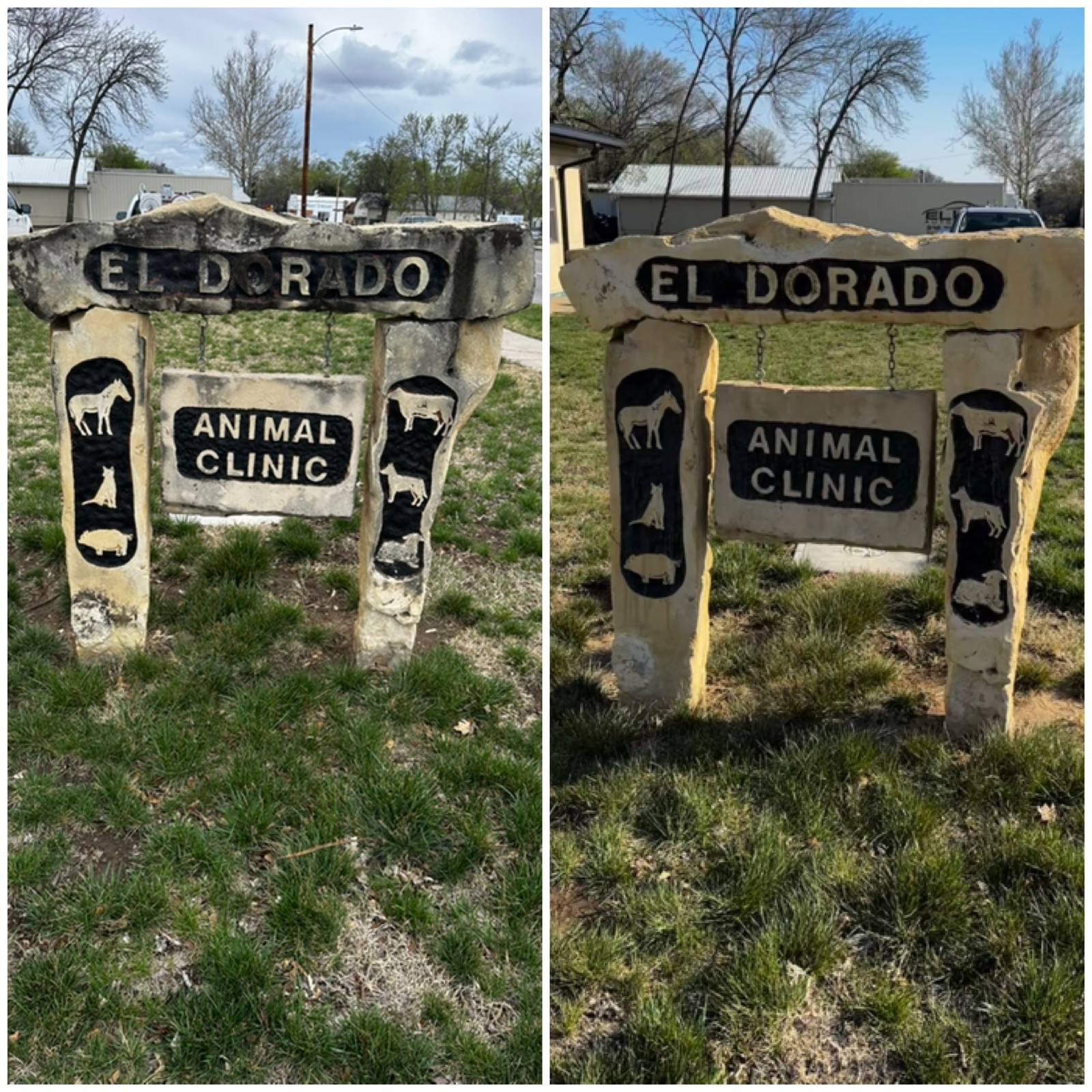 Stone business sign before and after pressure washing, El Dorado, KS