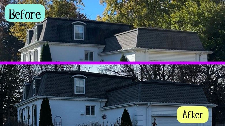 Roof cleaning before and after on a white two-story home in El Dorado, KS