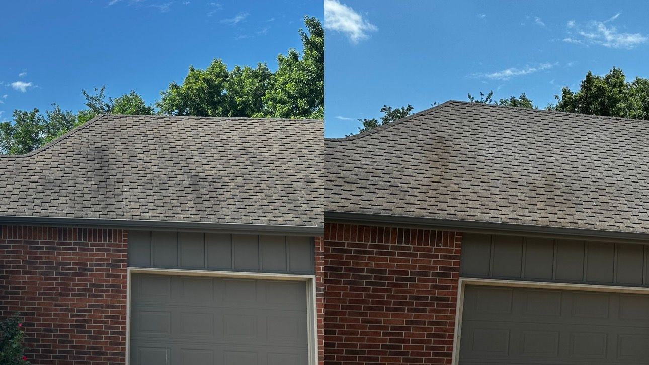 Garage roof before and after roof cleaning, Wichita area, KS