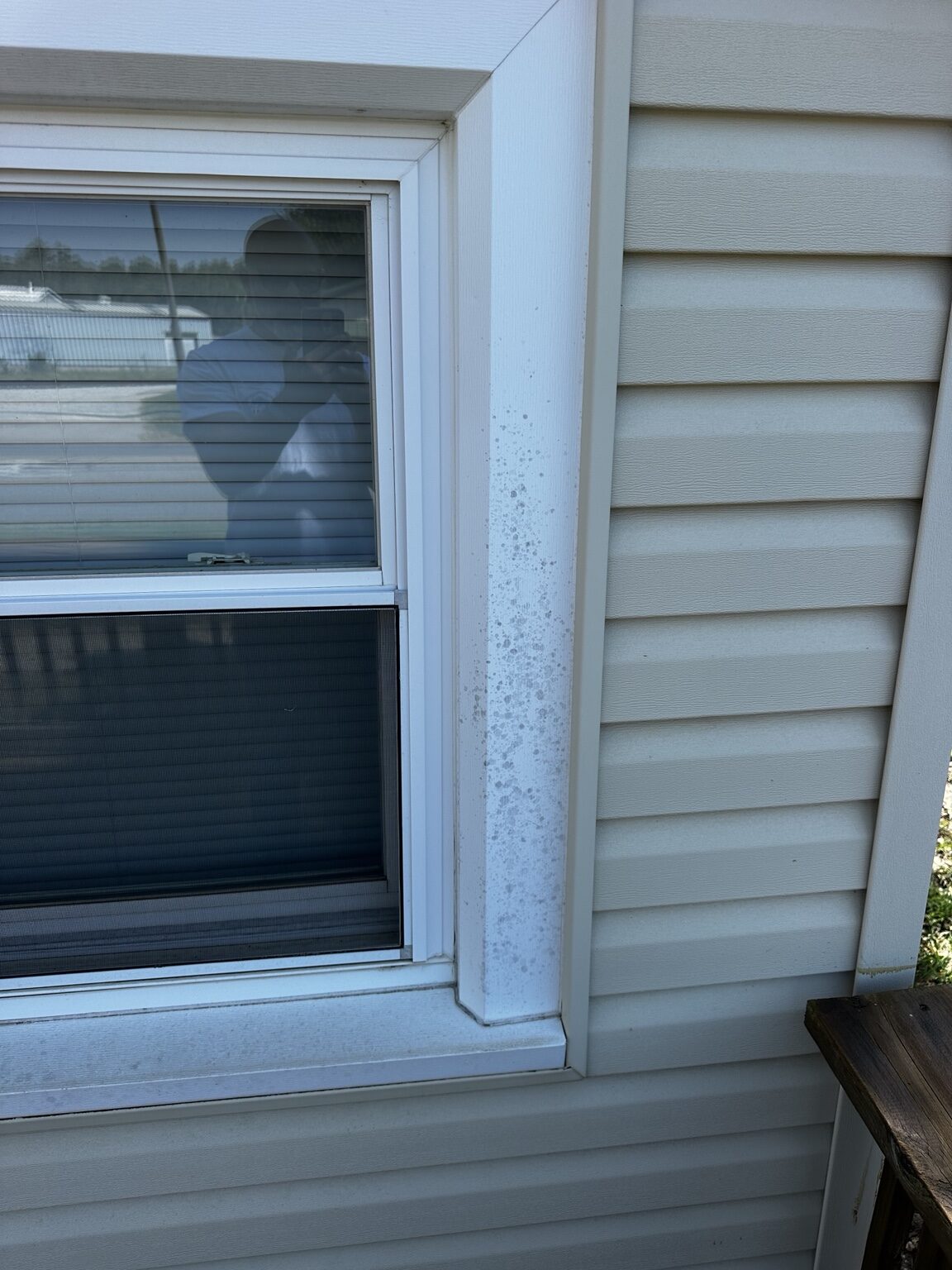 Organic spotting on exterior window trim before cleaning