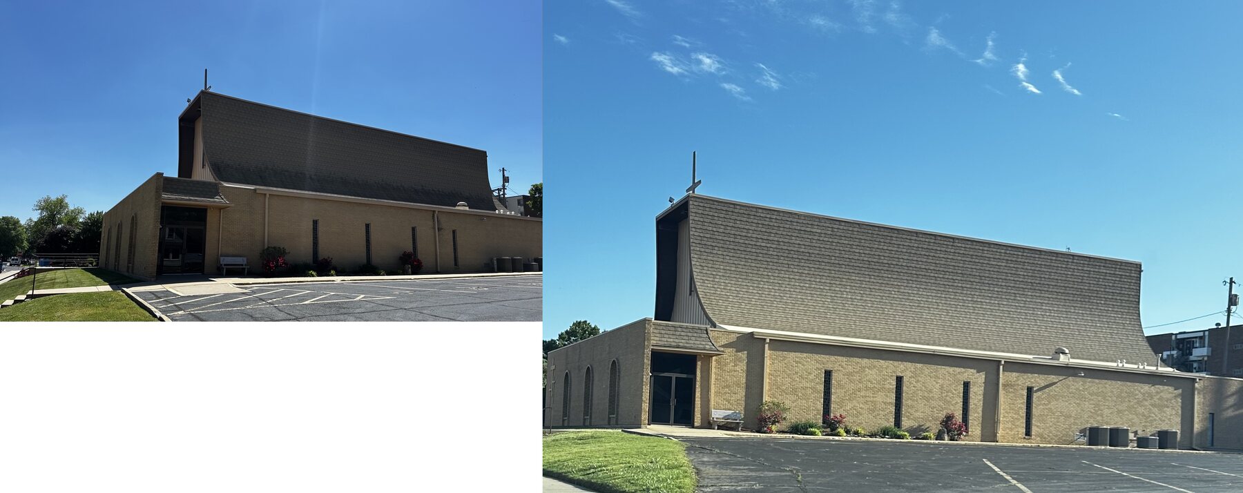Large church roof before and after professional roof cleaning
