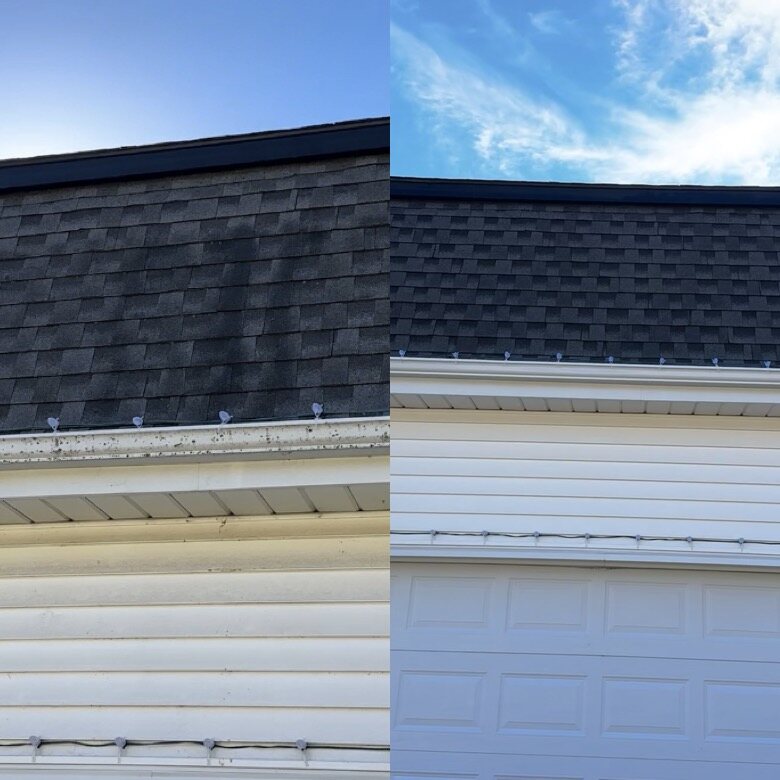 White gutter and fascia before and after exterior cleaning
