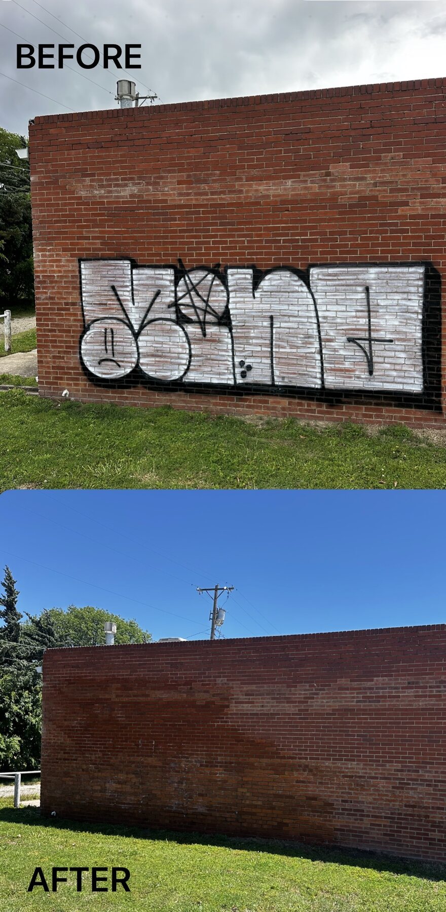 Before-and-after comparison of graffiti removal from a Wichita brick wall
