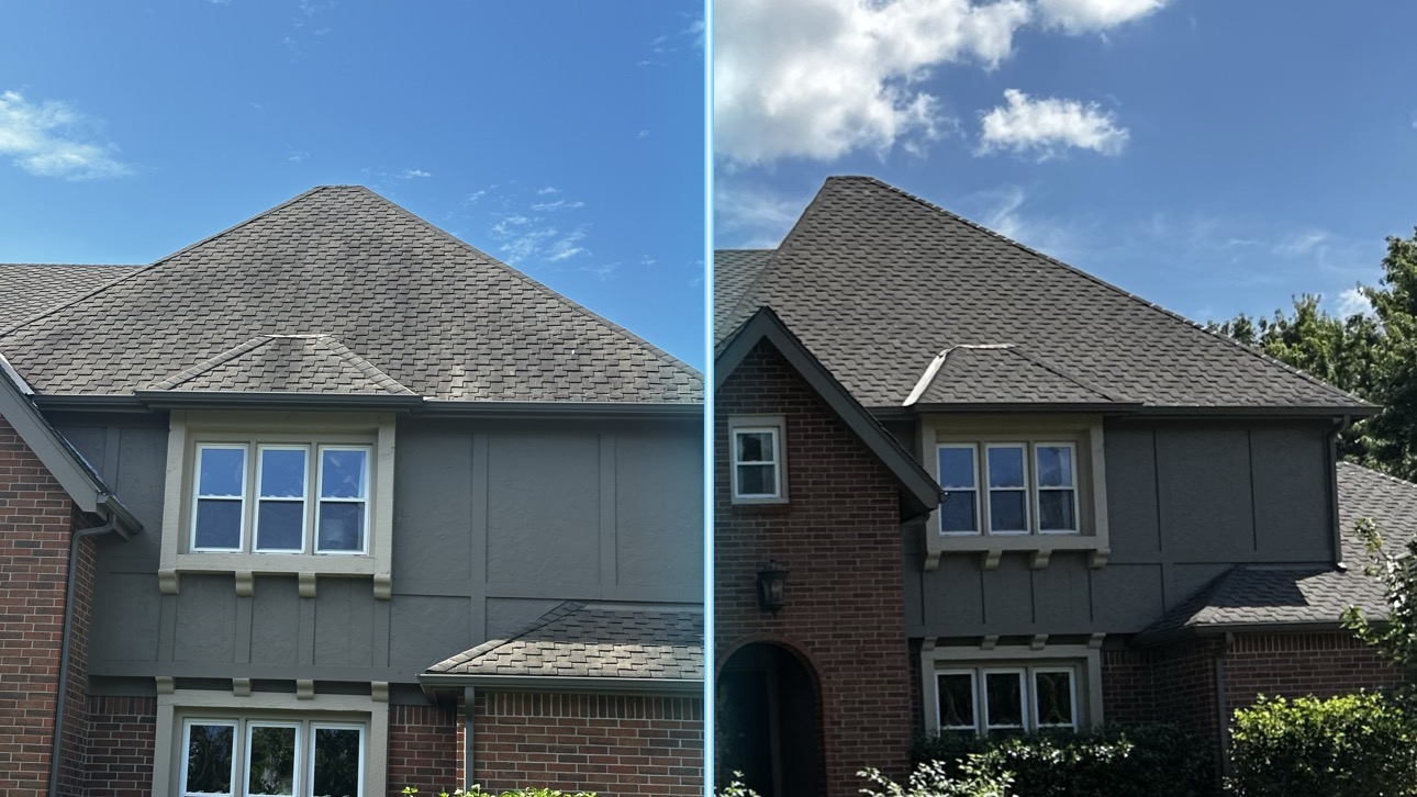 Before and after roof cleaning — algae-streaked asphalt shingles restored on a Wichita-area home